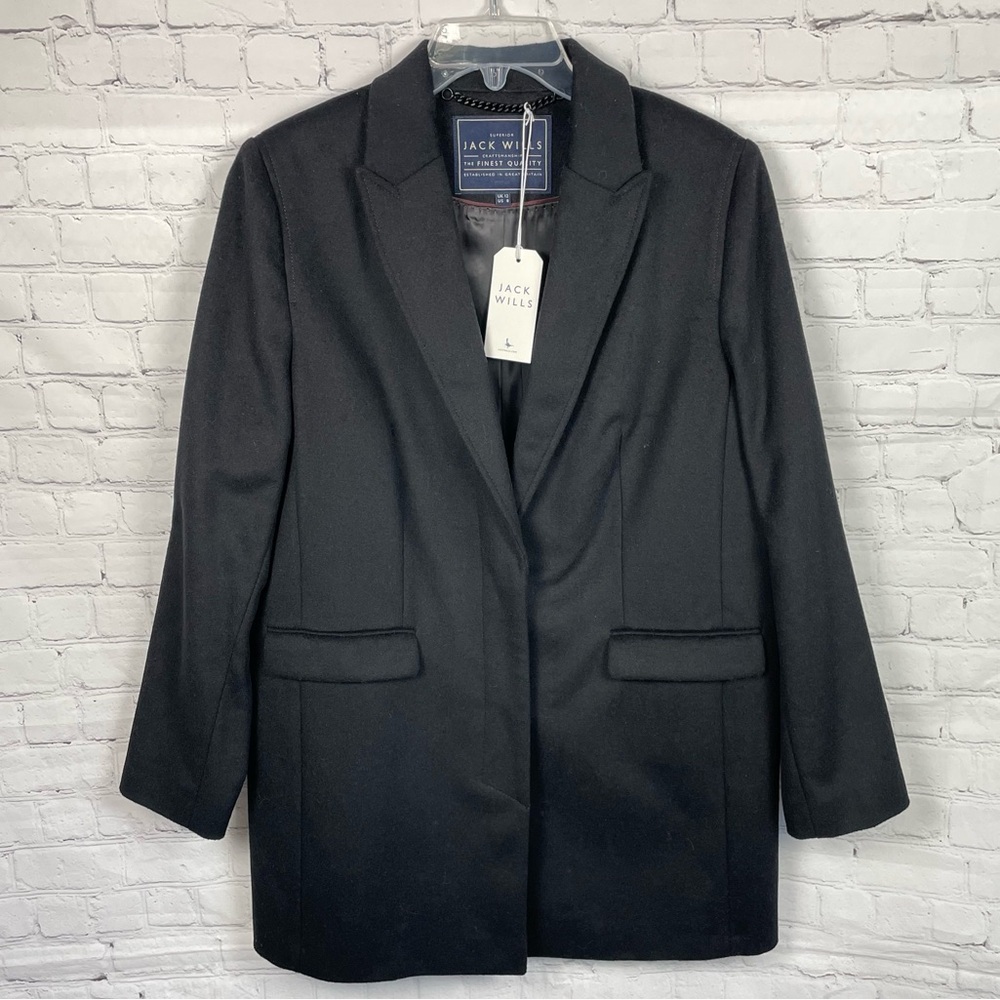 Jack Wills Black Wool Blend Long Formal/Dress Pea Coat Size 8 New